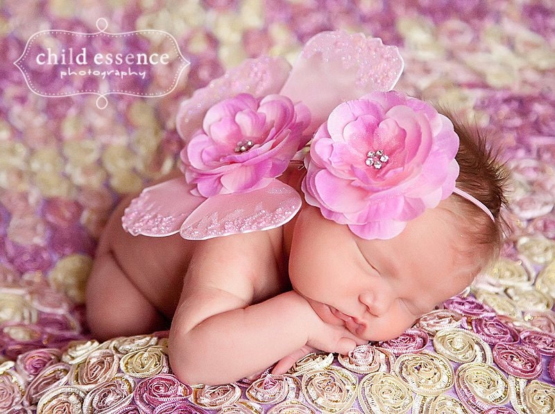 baby headband and butterfly wings set  newborn photo prop light pink butterfly -   jeweled sequined rhinestone flowers ready to ship
