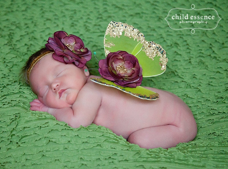 baby girl photo prop green butterfly wings with plum flower and matching headband SET ready to ship