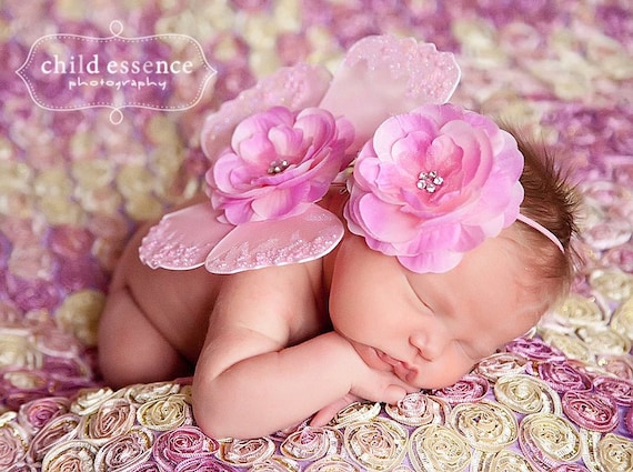 baby headband and butterfly wings set newborn photo prop light pink butterfly - jeweled sequined rhinestone flowers ready to ship
