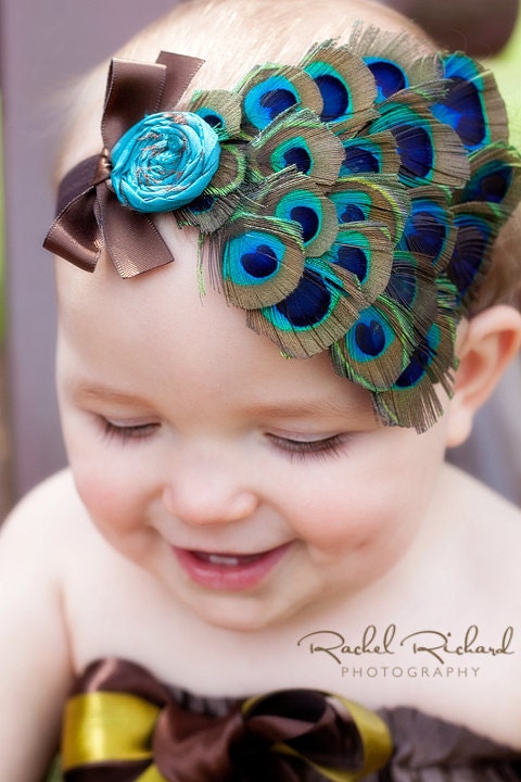baby headband peacock feather silk flower and bow or rhinestone for infants toddler or big girls you choose color of headband