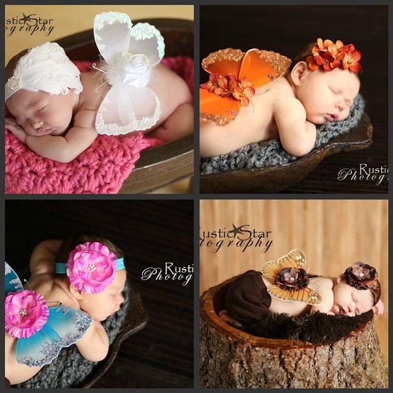 baby headband and butterfly wings set newborn photo prop light pink butterfly - jeweled sequined rhinestone flowers ready to ship