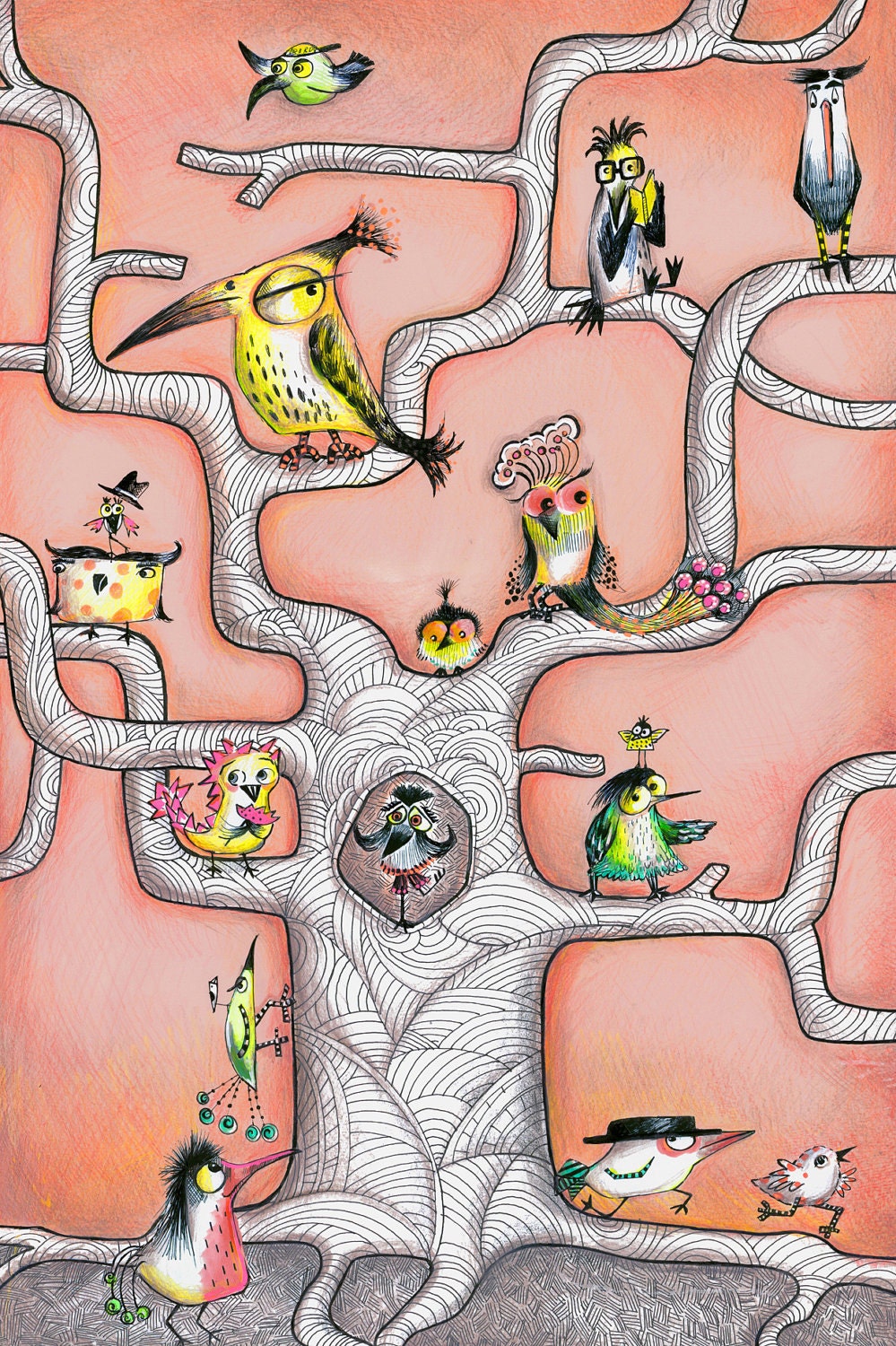 Bird Poster, pink 43 x 61cm