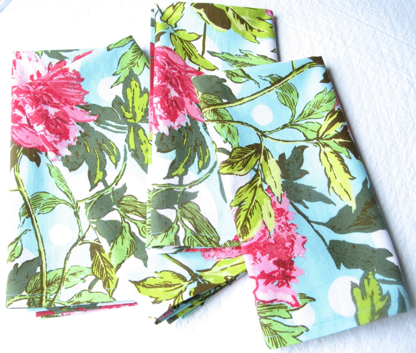 Dinner Cloth Napkins Pink Peony Floral Blue Green 18 Inch Set of Four