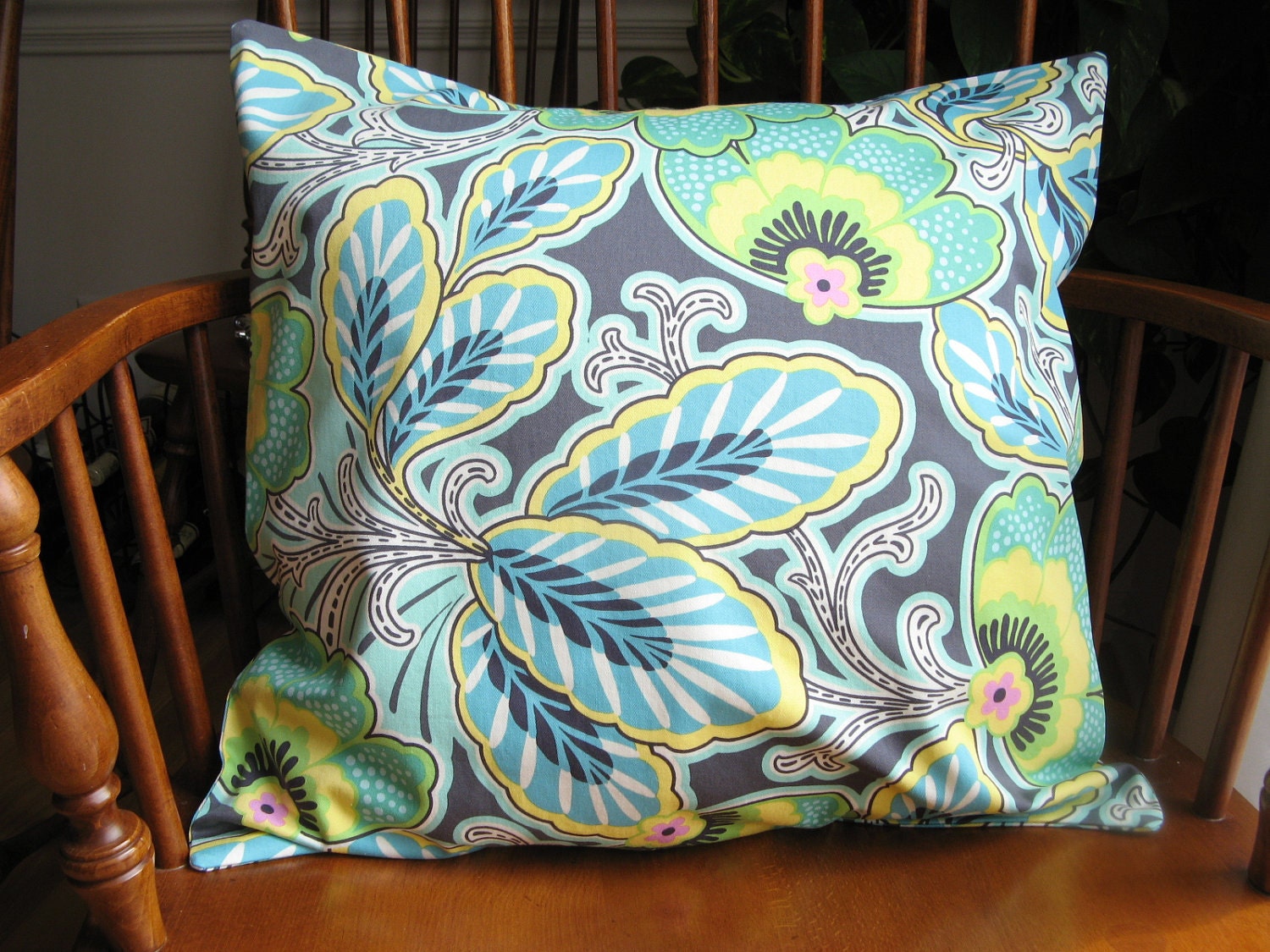 Floral Pillow Cover, Amy Butler Slipcover, Made to Order, Gray Aqua Leaves, 18 Inch