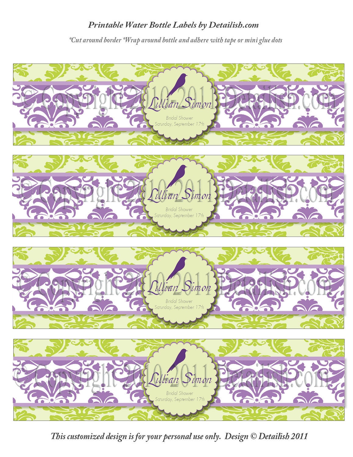 PRINTABLE Green Damask Charming Birdie Bridal Shower Wedding Shower Baby Shower Birthday Water Bottle Labels - Print as many as you need Il_170x135