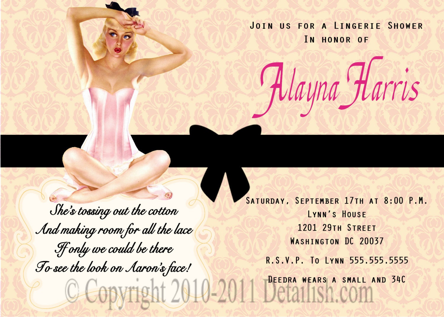 PRINTABLE Fun and Flirty Vintage Style Lingerie Shower Bachelorette Party Invitation (Style 2)- I customize you print as many as you want