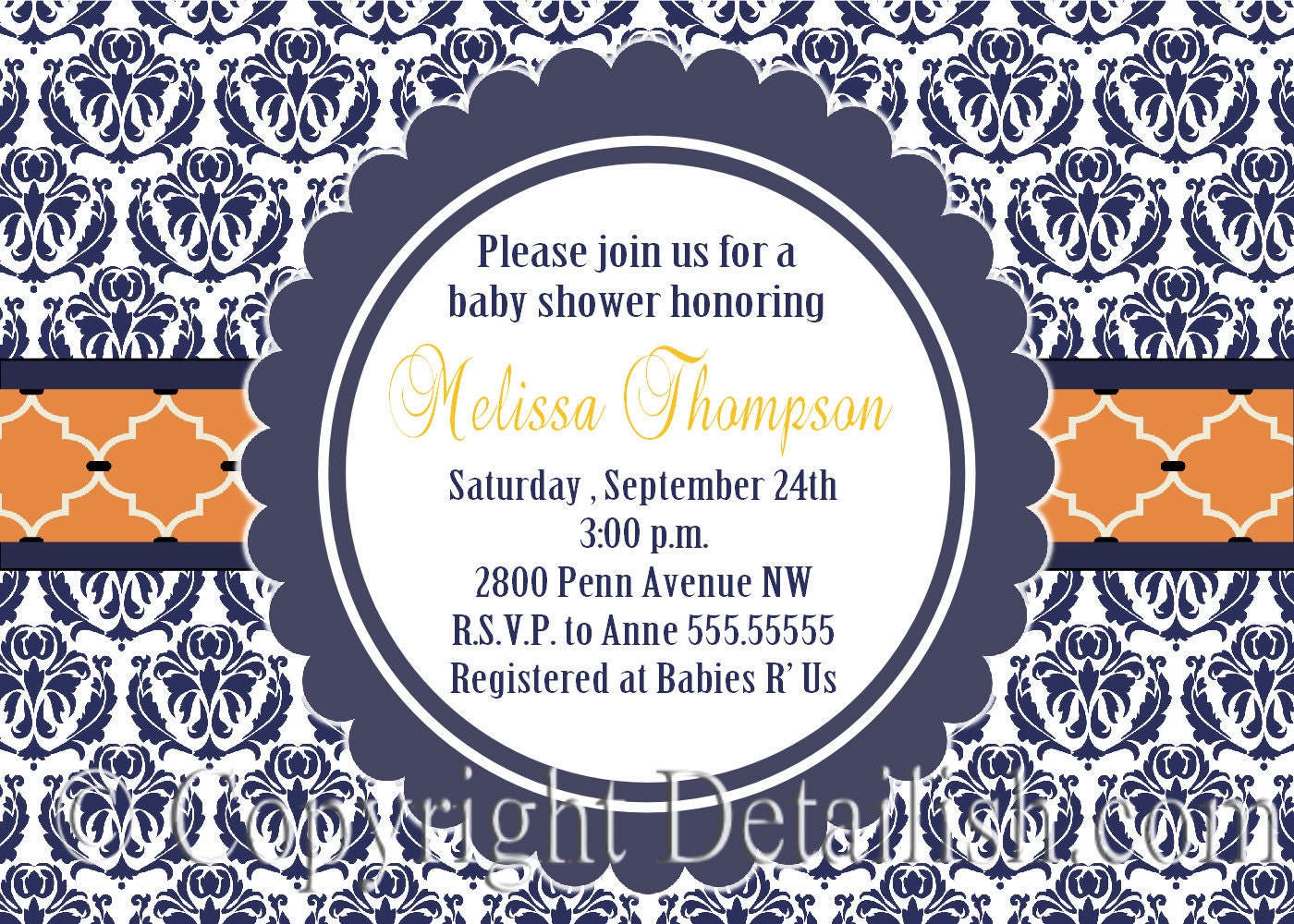 Damask Navy Orange Modern Baby Shower Invitation - DIY Uprint as many as you want Il_170x135