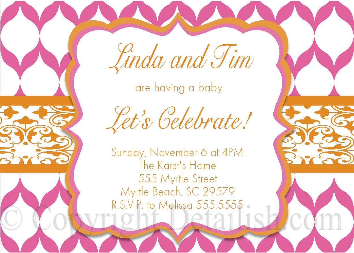 Personalized Modern Floral Shabby Chic Orange Pink Baby Shower Invitation - Printable Uprint 319 Il_570xn