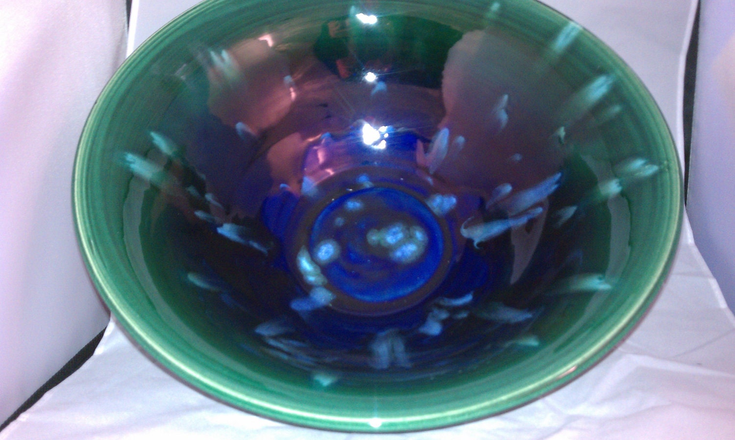 Large electic blue and emerald green bowl with glaze crystals