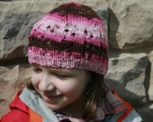 Child Eyelet Lace Beanie Hat, Pink Brown Stripe, Handmade Knitting
