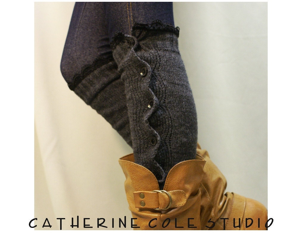 SALE GREY Button down  black lace edged leg warmers women great with or without boots Catherine Cole Studio lace legwarmers