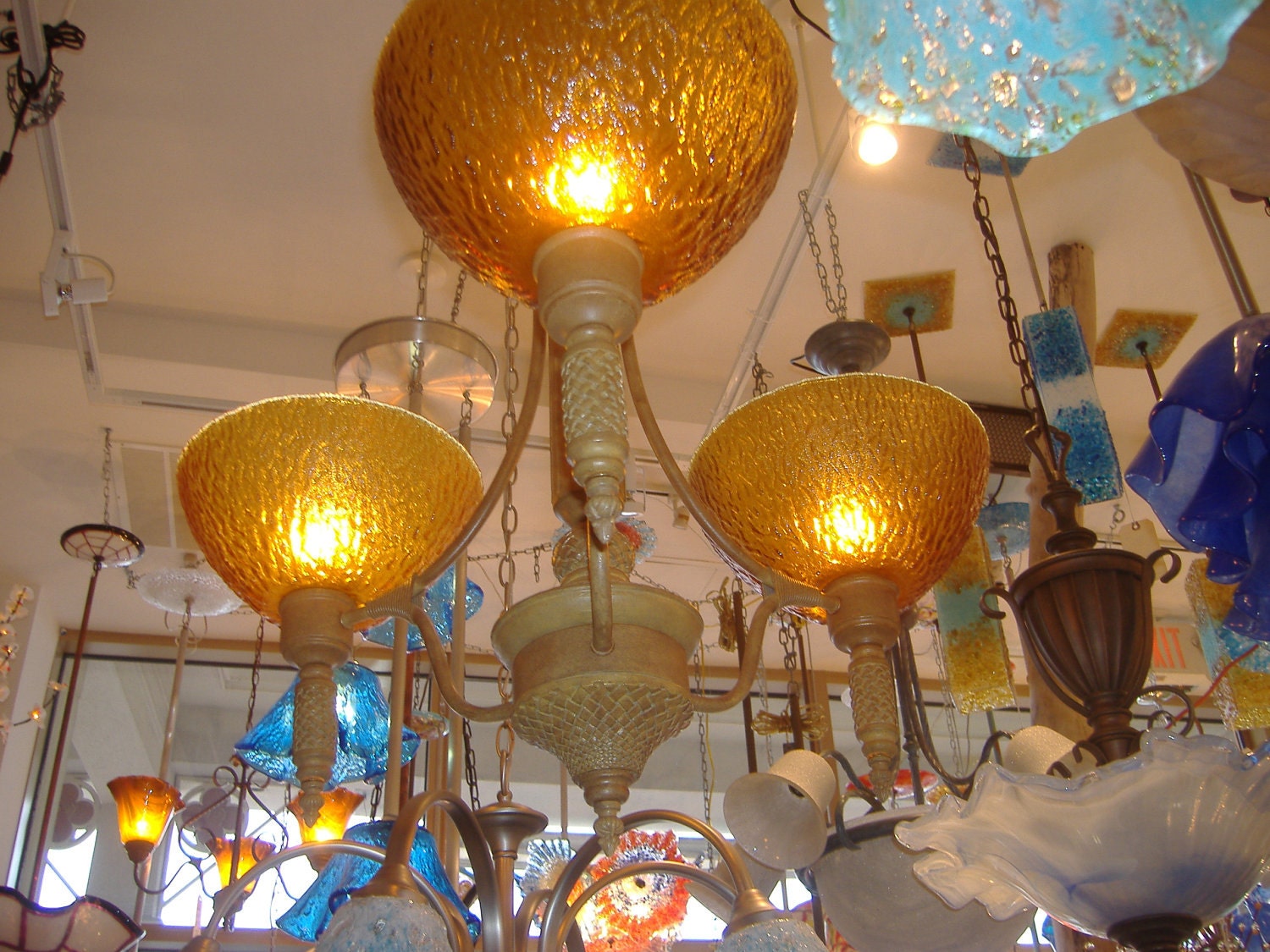 Blown Glass Chandelier -  Glass Lighting - Amber - Lamp
