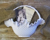 GOT MILKGLASS-farmhouse fresh white vintage hobnail milk glass wall pocket basket-jute hemp burlap ribbon-embellishments