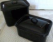 VINTAGE METAL CONTAINERS-2 Classic Black Vintage Enamel Metal Refrigerator Boxes-Food Storage-Containers-Organization-Kitchen-Home Decor