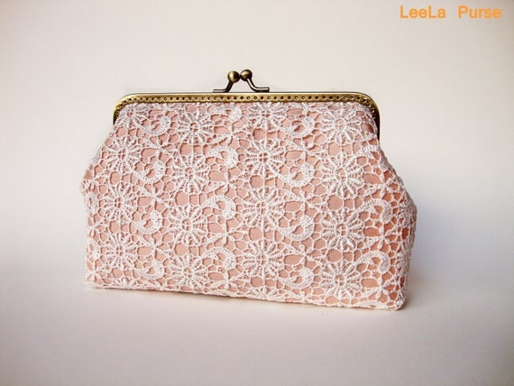 Vintage inspired - White Lace Wedding Clutch Purse covered on Dusty Pink Silk
