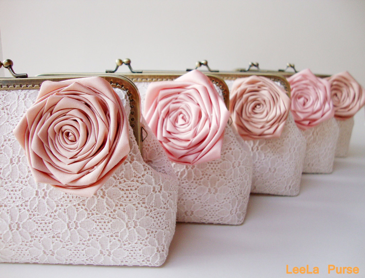 Bridesmaid gift idea - Set of six White Lace Clutch with Silk Rose Flowers --  or choose your own initial option - Spring rustic wedding