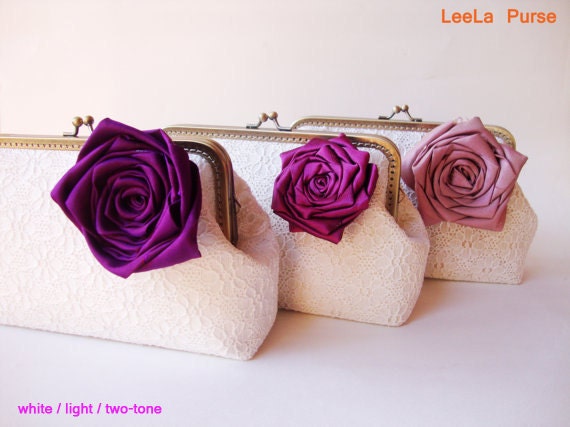Personalized Bridesmaid Gifts Clutch with Set of 3 White Lace Clutches and Silk Rose Flower brooches -  5% off included