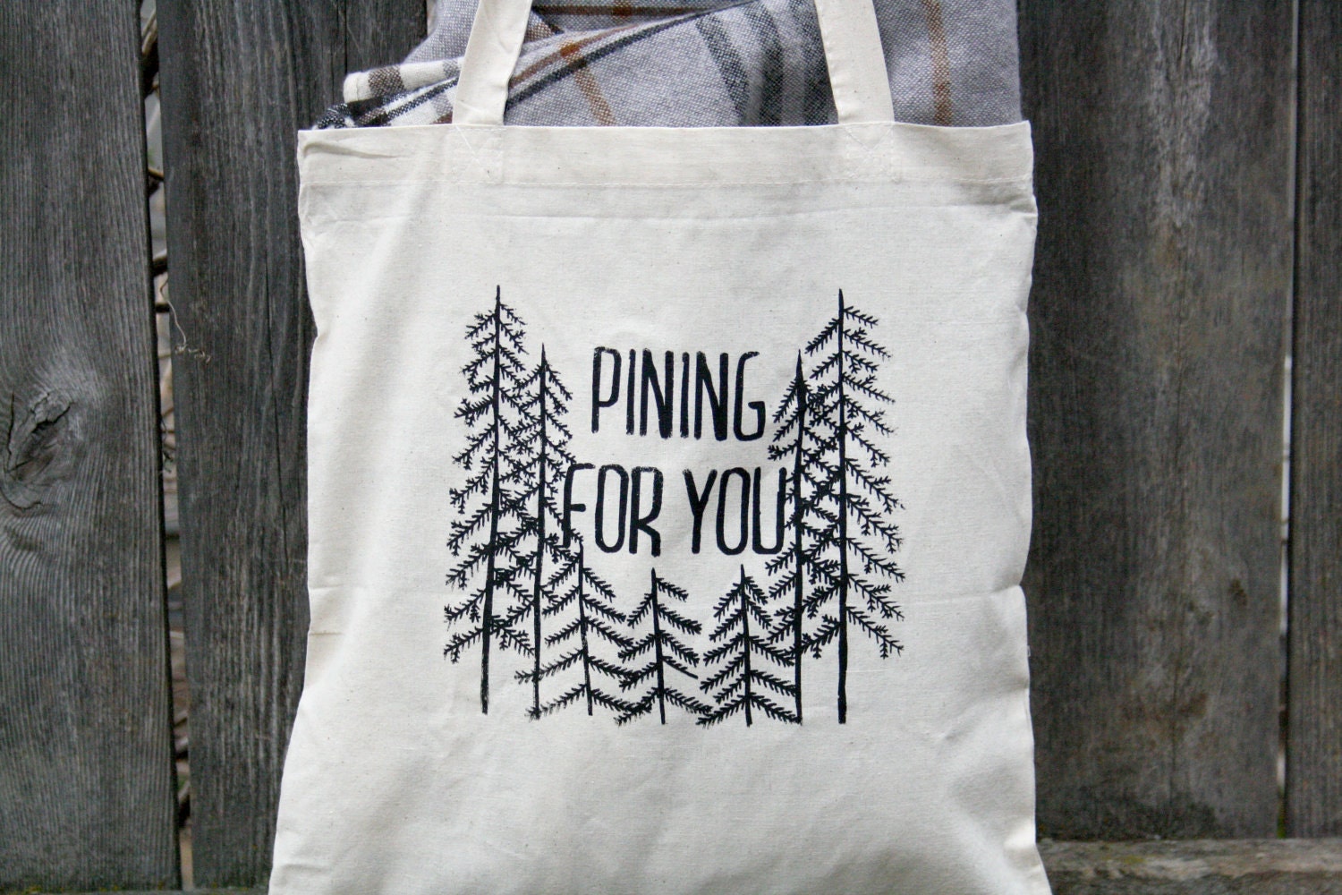 Canvas Market Tote "Pining For You" Black on Natural Canvas