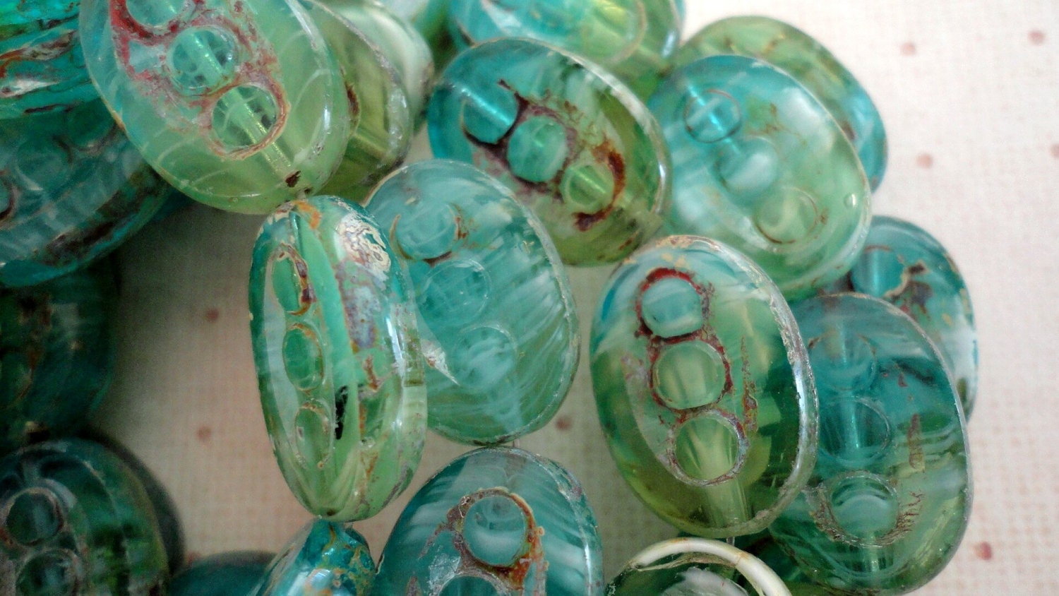 Picasso Flat Oval Czech Pressed Glass Aqua Green 18X12mm Dots 5 Beads