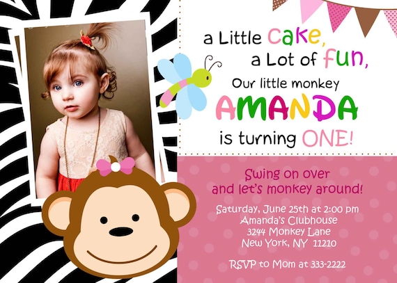 Birthday Invitation - Personalized Mod Monkey Zebra Print With or Without Photo - Digital Print