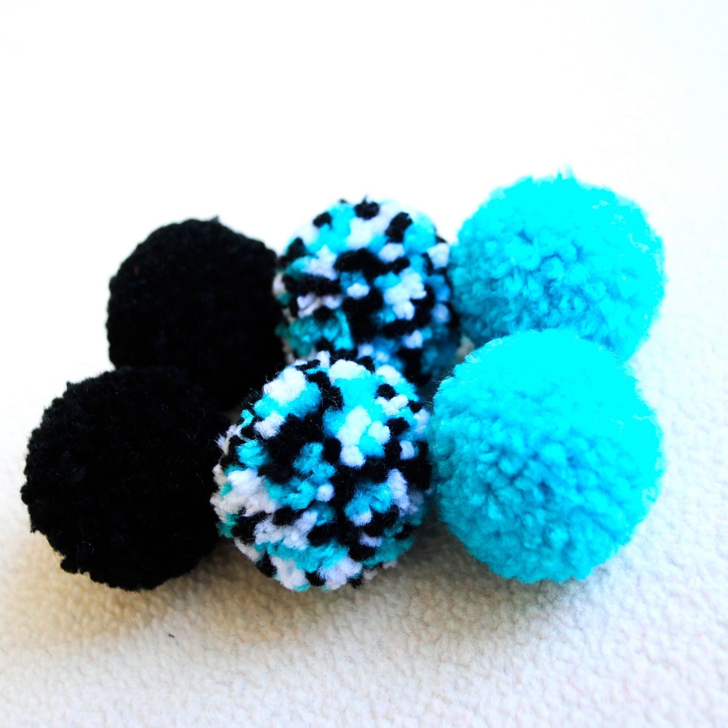 Catnip Pom Pom Cat Toys - Set of Six (Aqua, Black, and White)