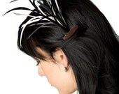 Black and White Goose Feather Hair Clip With Leather Accents- Hair Accessory