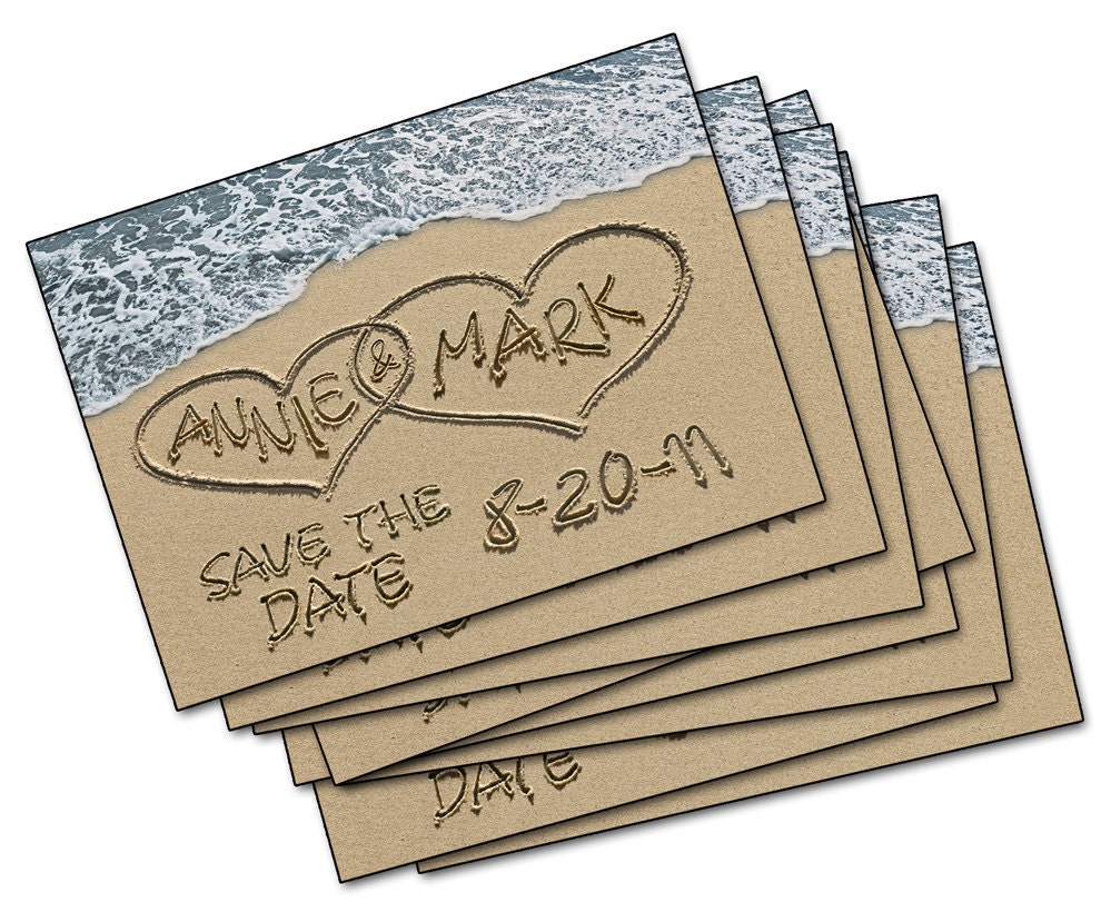 Destination beach wedding Save the Date SAND HEARTS Photo set of 8 cards with envelopes personalized with your name written in the sand