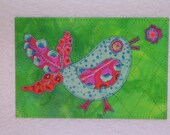 Bird    Quilted and Appliqued Fabric Postcard  Happy Bird