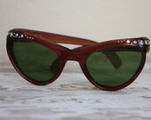 Vintage 1950's Chocolate with Rhinestones Cat Eye Sunglasses