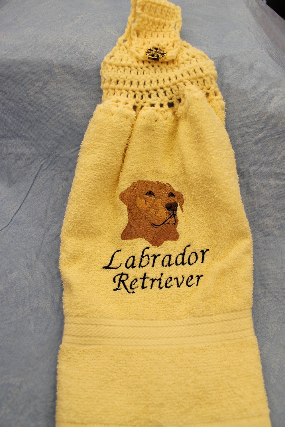 Labrador Retiever (yellow) dog head -   Embroidered crochet topped hand towel (Free USA Shipping)