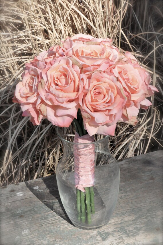 Blush pink rose wedding bouquet made of silk roses.