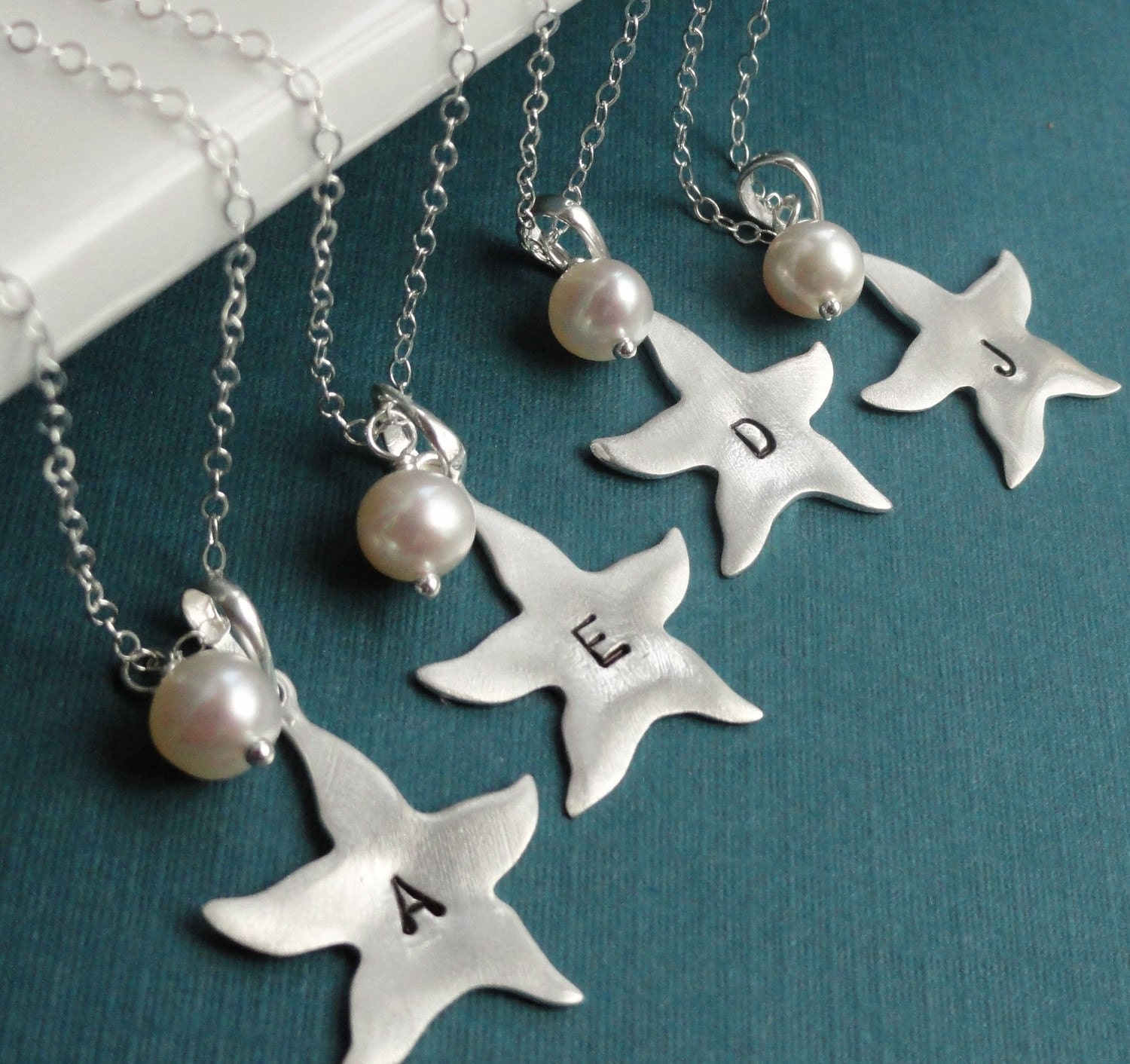 Set of 5: Five personalized starfish necklaces, BRIDESMAID GIFTS, silver initial necklaces, Bridesmaid necklaces, beach wedding