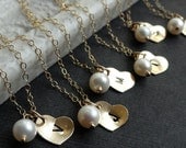 FOUR PIECE Set, Gold or Silver Heart Necklace, initial stamped charm, Dainty pearl, gold filled or sterling, Bridesmaid Gifts Favors