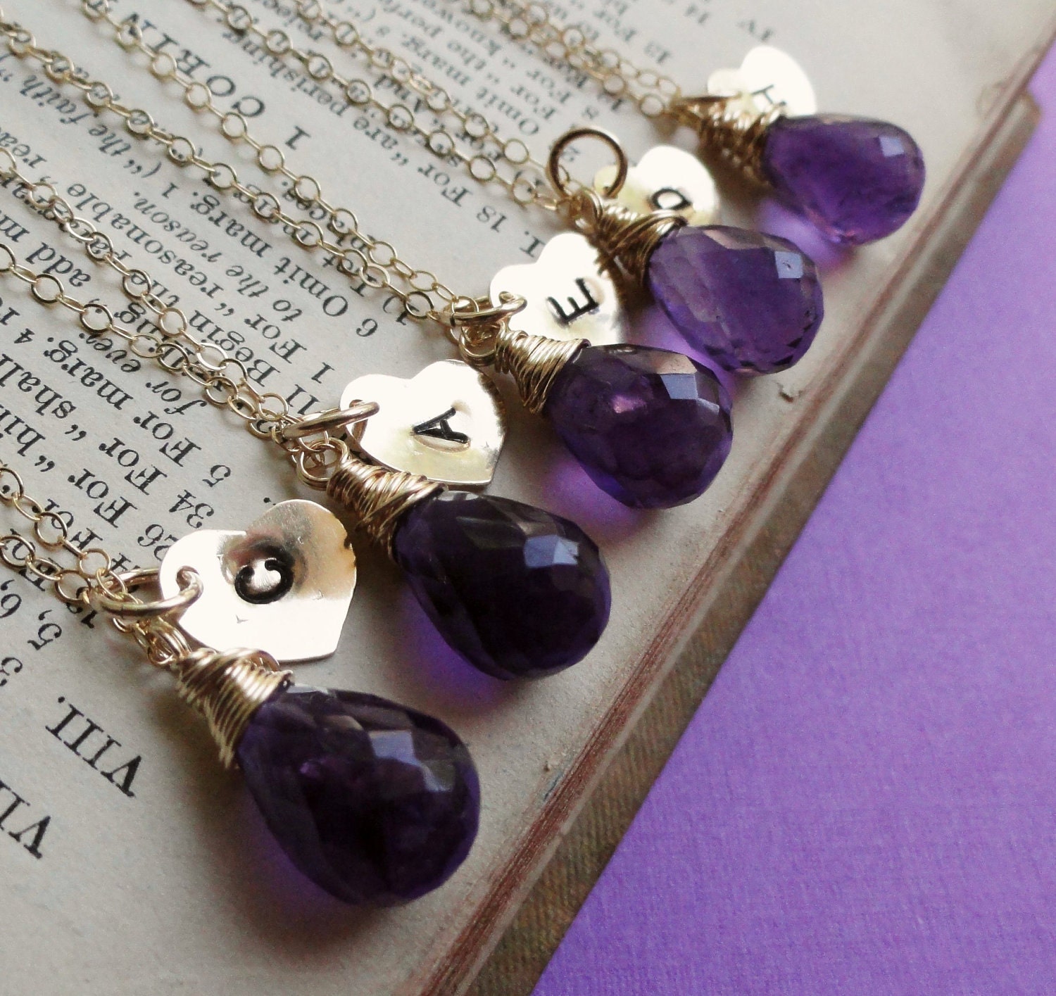 Bridesmaid Gifts, set of SIX, Purple Amethyst & INITIAL Necklaces, delicate heart charm and custom birthstone, Gold filled