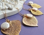 Bridesmaid Gifts set, Five Gold leaf & pearl necklaces, real aspen leaf lariat necklaces,Gold filled chain, Bridal jewelry, autumn wedding
