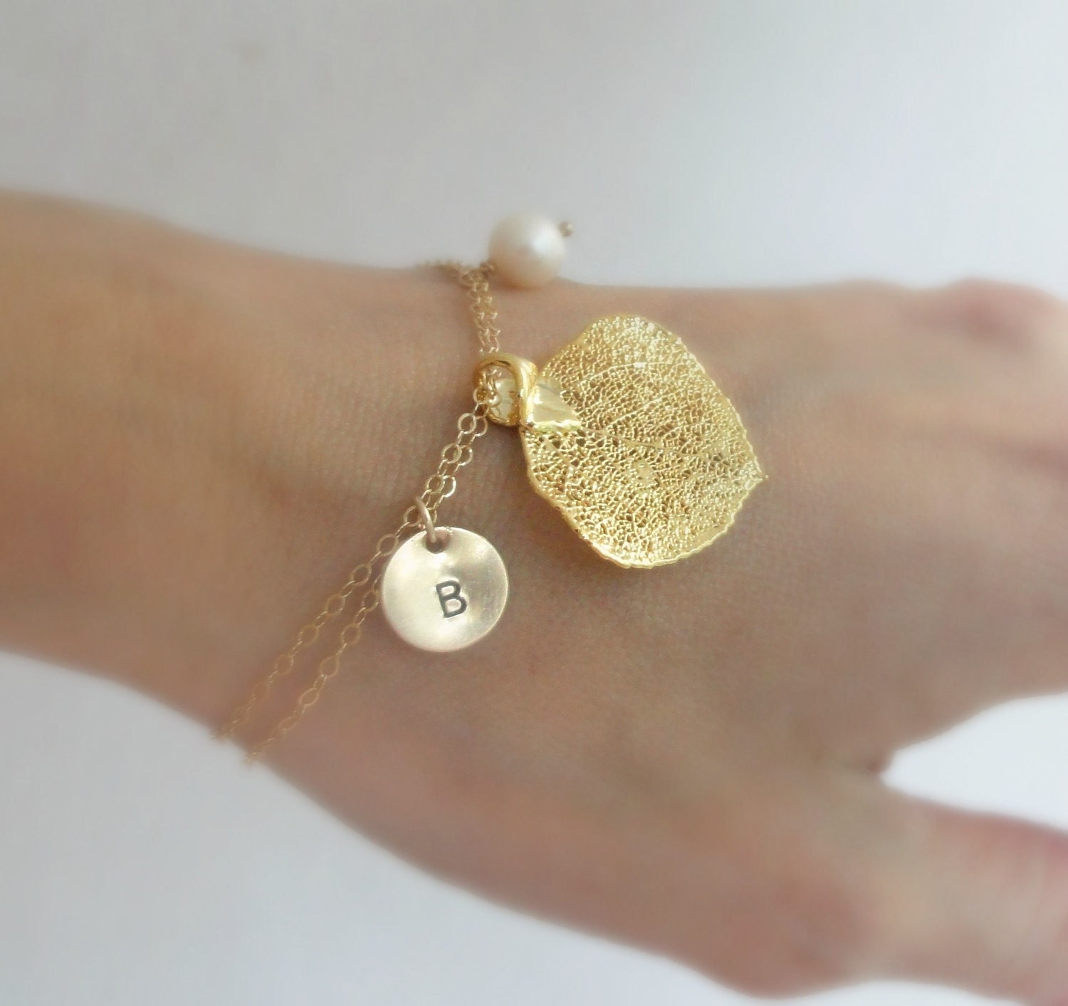 Bridesmaid gifts, Gift set of Four Gold BRACELETS, leaf bracelets, leaf jewelry, Personalized charm bracelets, initials, fall wedding