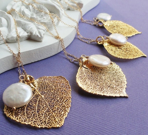 Bridesmaid Gifts set, Five Gold leaf & pearl necklaces, real aspen leaf lariat necklaces,Gold filled chain, Bridal jewelry, autumn wedding