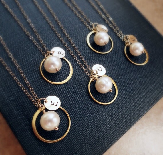 Set of 7: SEVEN Personalized Bridesmaid necklaces, Gold Eternity Necklaces, Pearl & Initial necklaces,Bridesmaid gifts, karma necklaces