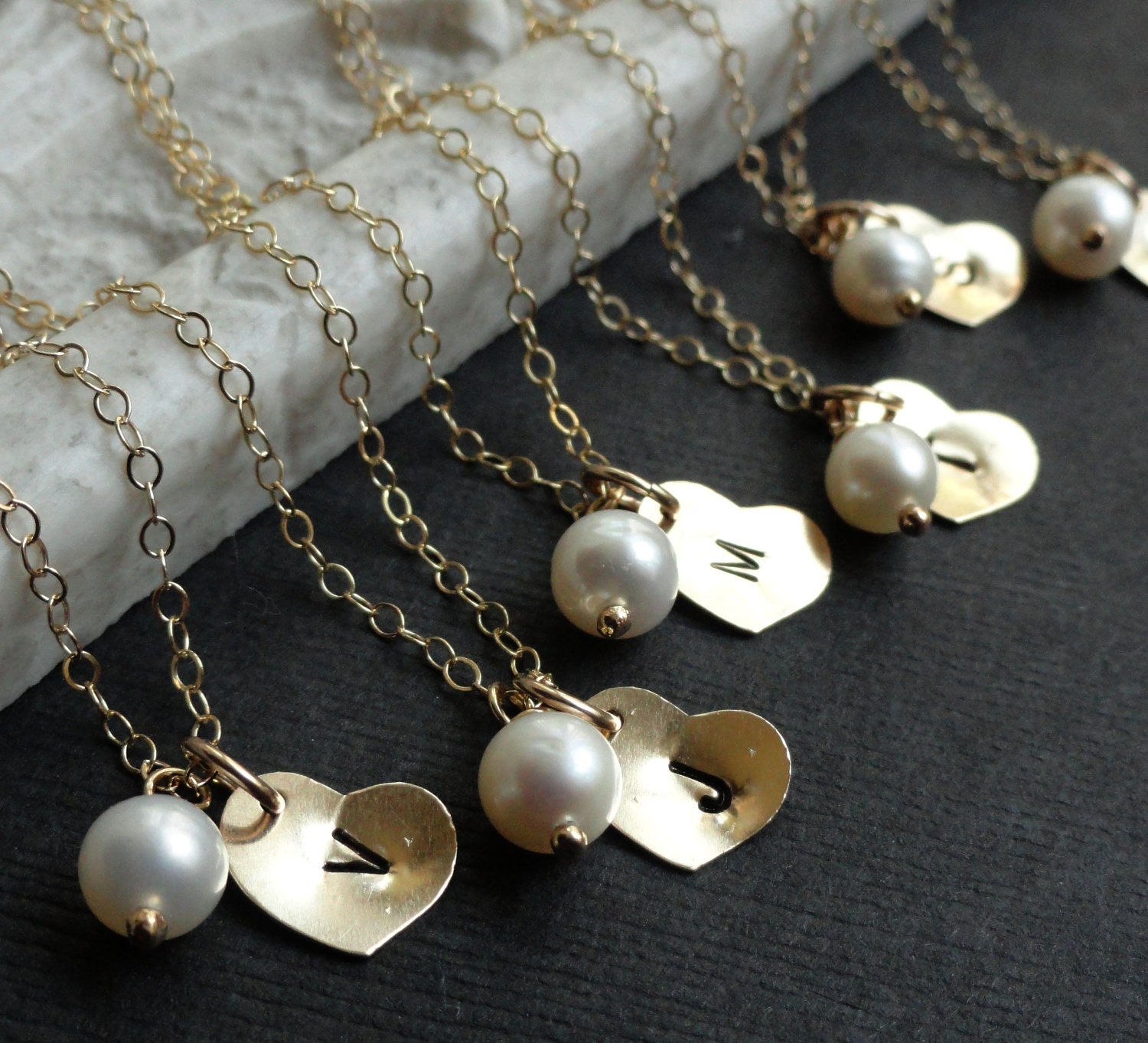 FOUR PIECE Set, Gold or Silver Heart Necklace, initial stamped charm, Dainty pearl, gold filled or sterling, Bridesmaid Gifts Favors