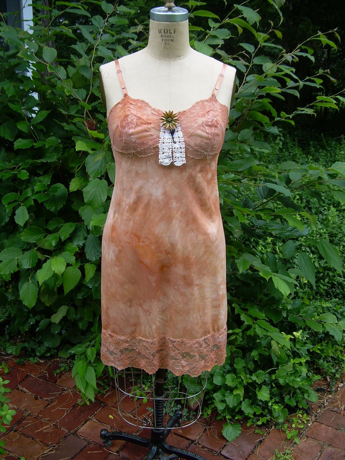 Tangerine Vintage Tye Dye Slip Dress with Lace and Vintage Pin accent