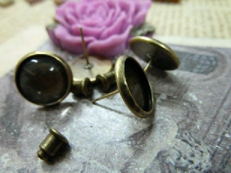 10pcs 12mm  Antique Bronze  Cameo Cabochon Base Setting Earring Earposts with 10pcs Earring cap