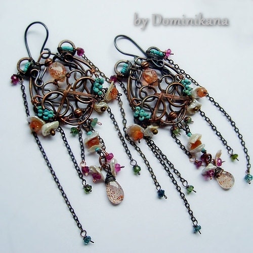 SIRENE,copper earrings, silver hooks, sun stone, keishi pearls, tourmaline, persian turquoise