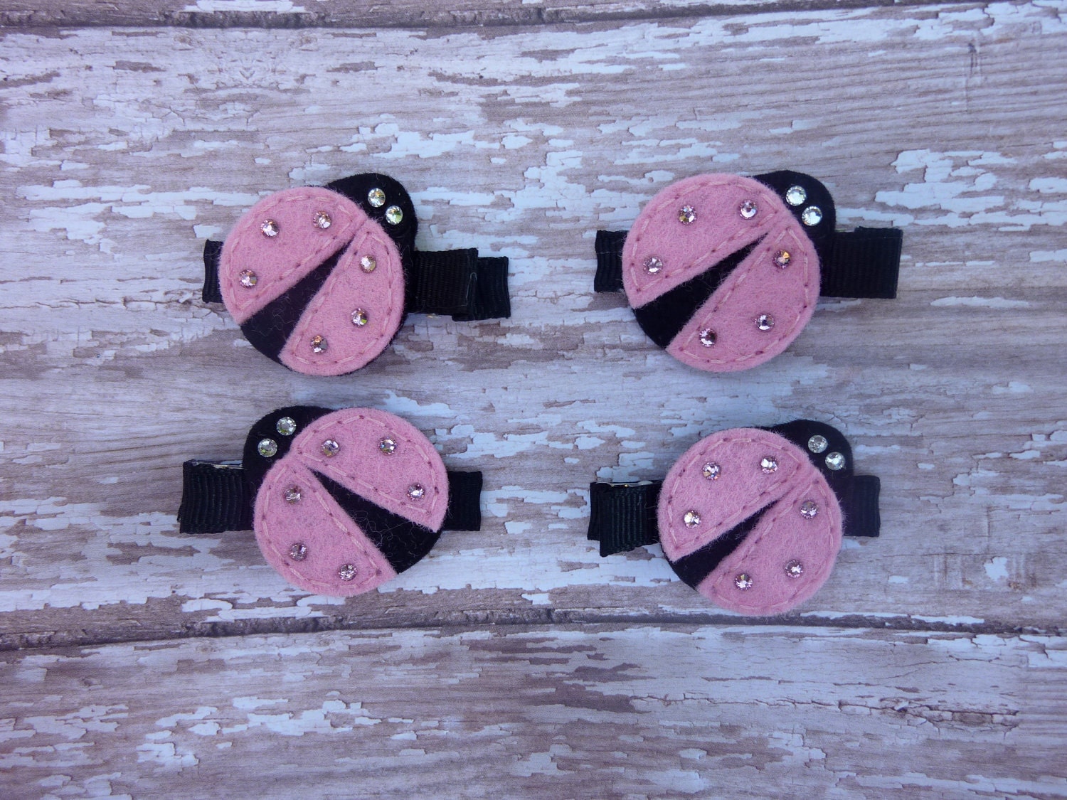 Two Pink and Black Ladybug Felt Clips- Birthday Party Favor- Everyday Clip- Pink and Black Ladybugs
