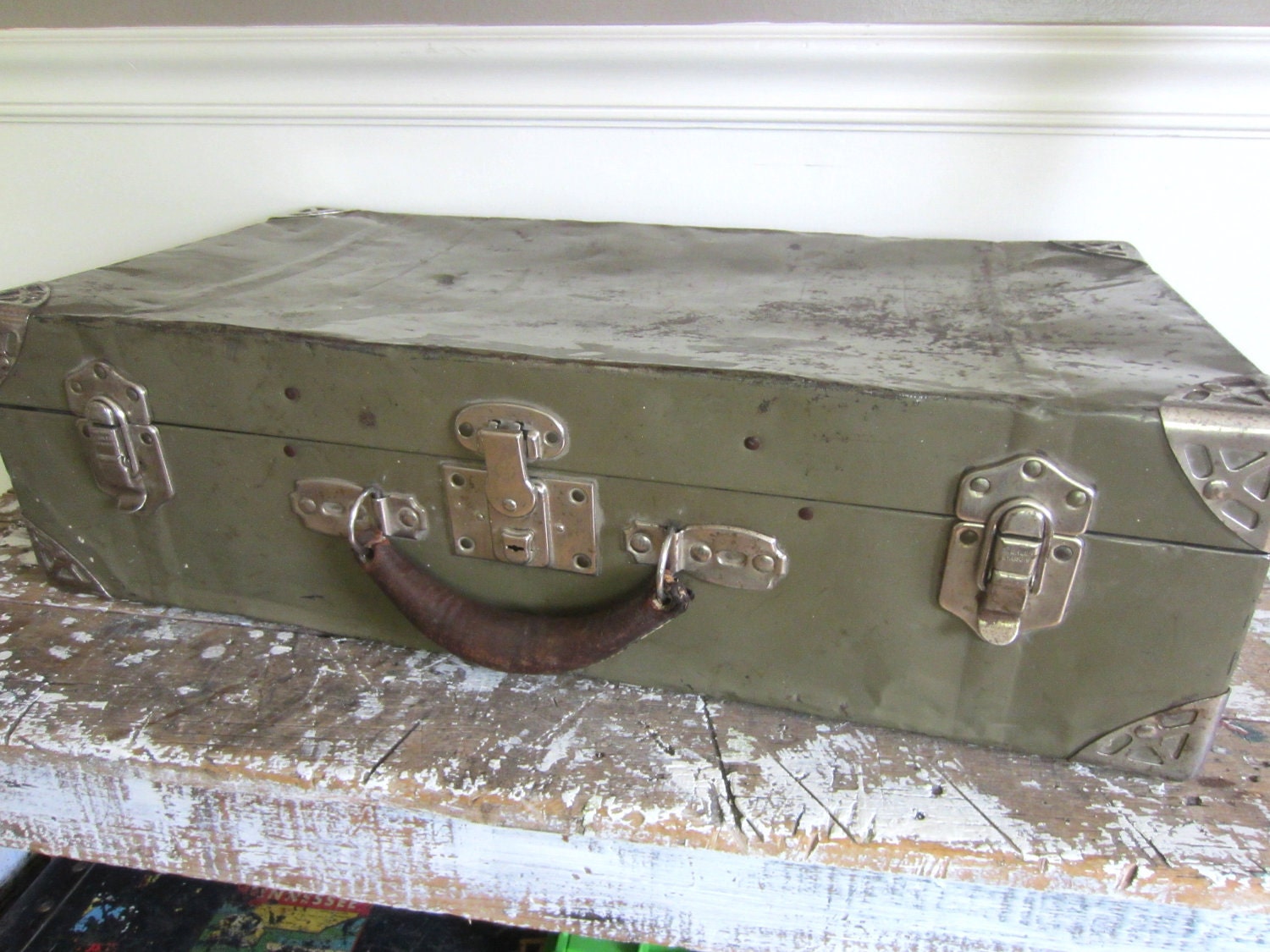 Vintage Luggage Metal Trunk Suitcase Midwest Trunk and Bag Mfg. Co. Home Decor