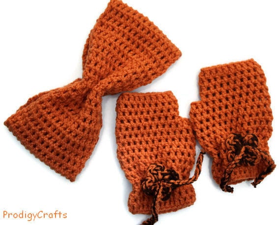 Hand-made crocheted fingerless mittens and wide headband