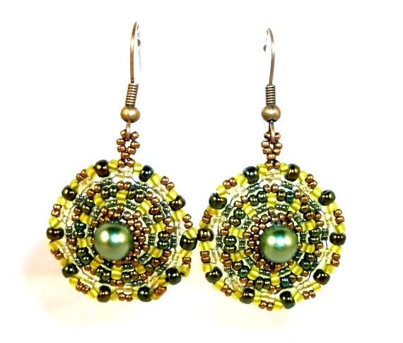 Green Pearl Earrings Seed Bead Woven wtih Bronze Glass Accents