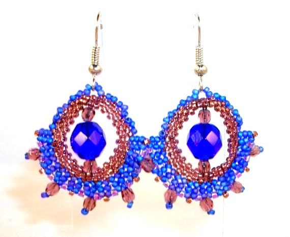 Seed Bead Earrings Woven In Blue And Purple Glass