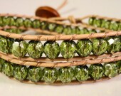 Green Wrap Bracelet, Beaded Leather Wrap Bracelet, Chan Luu Style, Double Wrap Bracelet, Green Glass Bracelet, Boho Bracelet, Adjustable