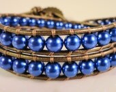 Pearl Wrap Bracelet, Blue Beaded Wrap Bracelet, Leather Wrap Bracelet, Chan Luu Style, Double Wrap, Boho Bracelet, Adjustable Size