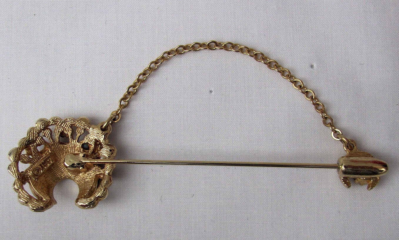 Vintage Stick Pin / Brooch Crescent Moon with Chain - Ornate and full of Tiny Gemstones - Signed ART